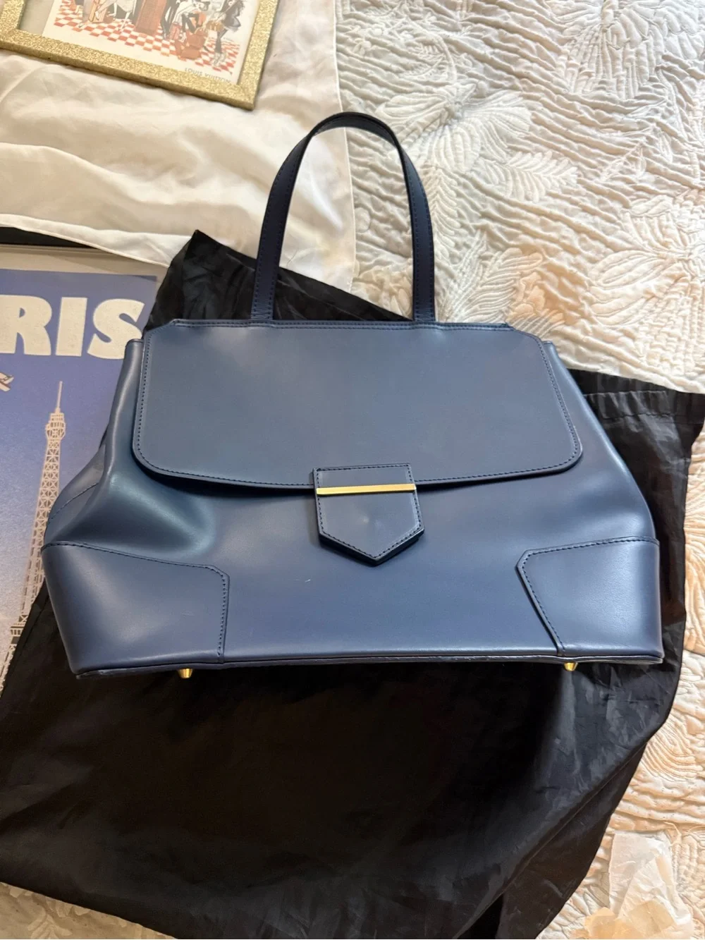 Tano Navy Blue Structured Satchel with Gold Accent